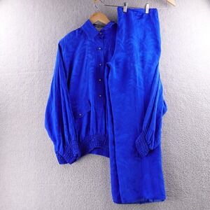 Vintage Levino Verna Silk Jacquard Pant Suit Set Royal Blue Women's M Designer